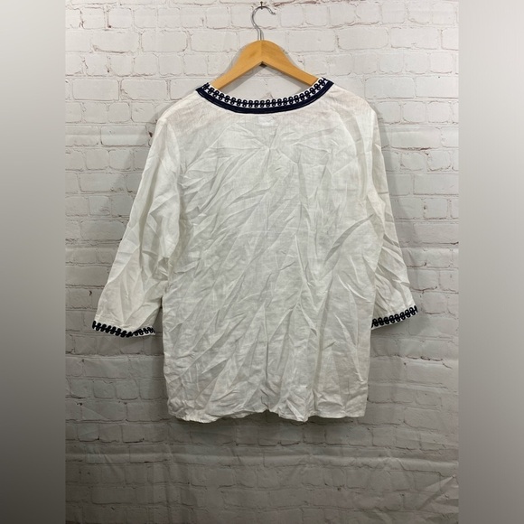Symple NYC Tunic Womens Size Large White Linen Navy Blue Detail Boho Blouse Top - Picture 2 of 8